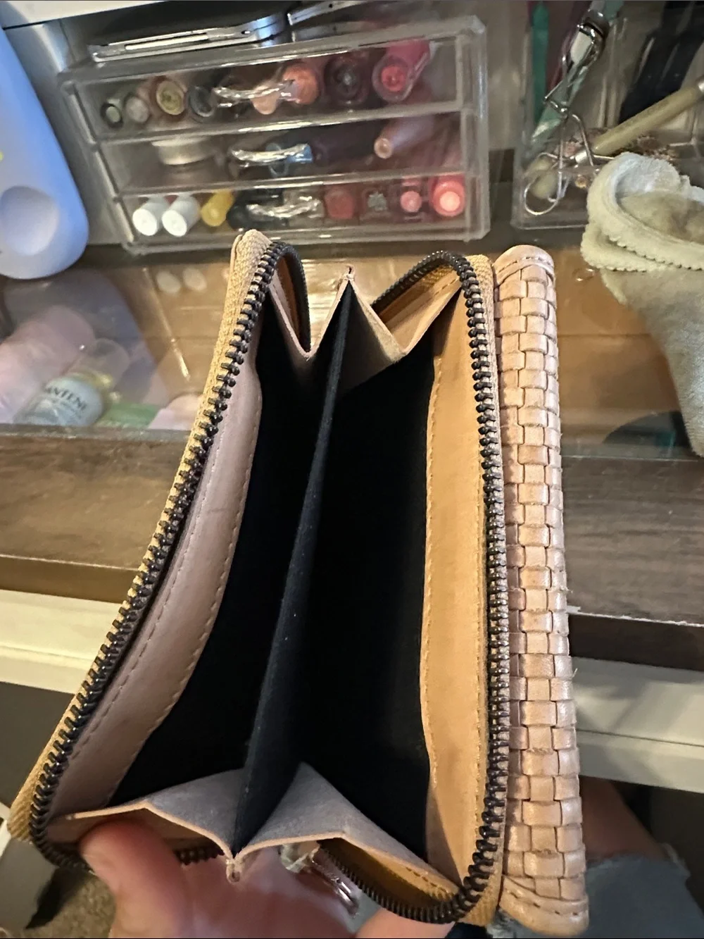 Woven Flap Compact Wallet in Tan